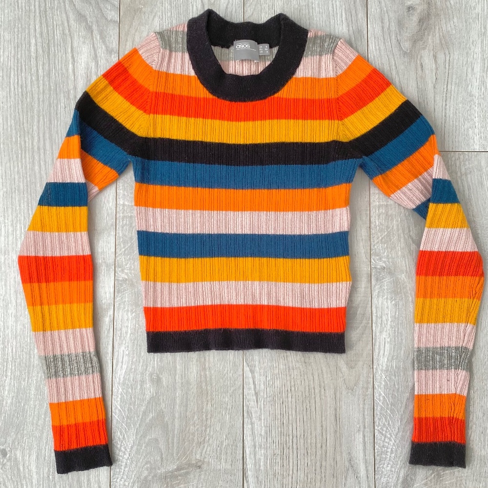 Long Sleeve Cropped Striped Knit Rainbow Pullover Sweater